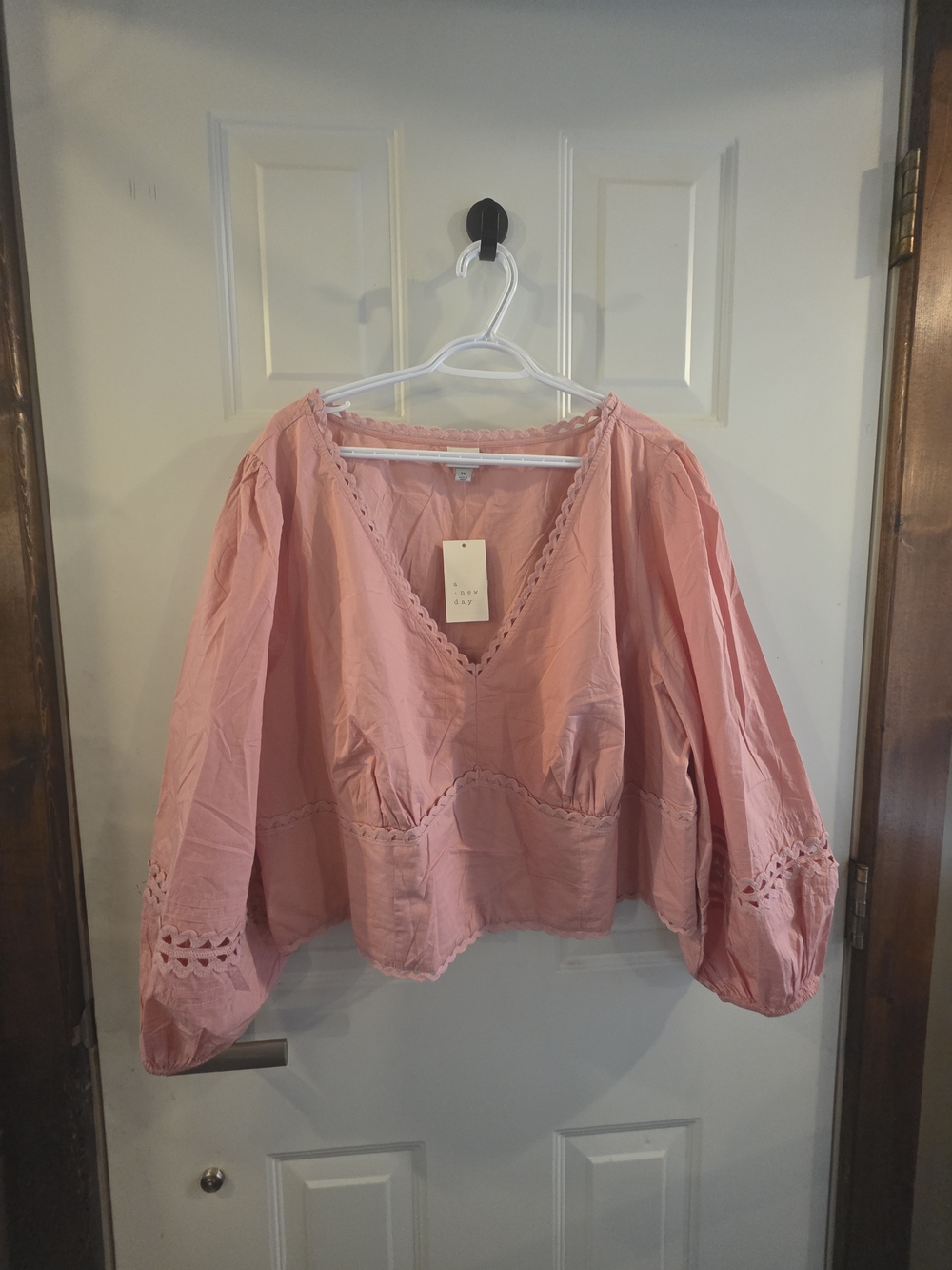 a new day Pink V-Neck Peasant Blouse with Eyelet Sleeves, Crop Length